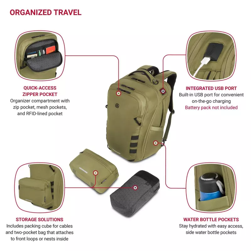 SwissGear 45L Travel Backpack with RFID Blocking Pocket - Olive Branch - Image 5